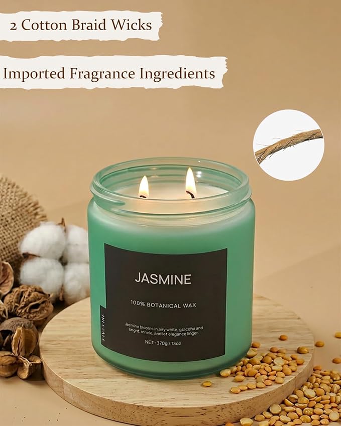 Jasmine Home Scented Candles, 13oz Organic Soy Wax, 76-Hour Clean Burning, Natural Candles Non Toxic, Floral Scent for Relaxation, Aromatherapy Housewarming Candle for Men Women