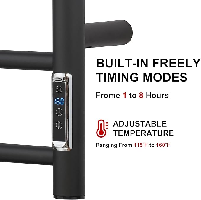 Heated Towel Racks for Bathroom, Wall Mounted Electric Towel Warmer Racks with Timer & Temperature Control, 8 Bar Stainless Steel Towel Heater for Bathroom, Matte Black, Plug-in