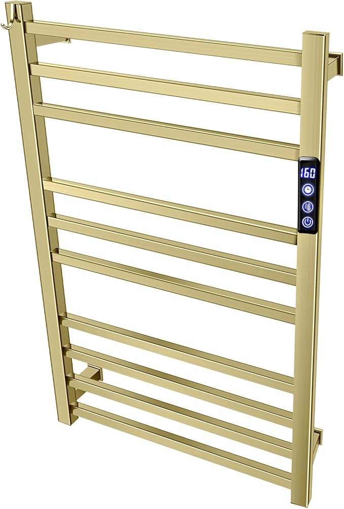 XBVV Towel Warmer Rack for Bathroom with Timer/Fahrenheit Temperature Control Wall Mounted Electric Heated 10 Bar Rail Plug-in or Hardwired Keep Bath Shower Towel Warming (Brushed Gold)