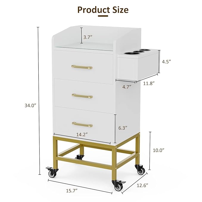 Paddie Beauty Salon Storage Trolley Cart, Glass Top Hair Station Cabinet with Dryer Holder, Lockable Rolling Wheels, Drawer - White