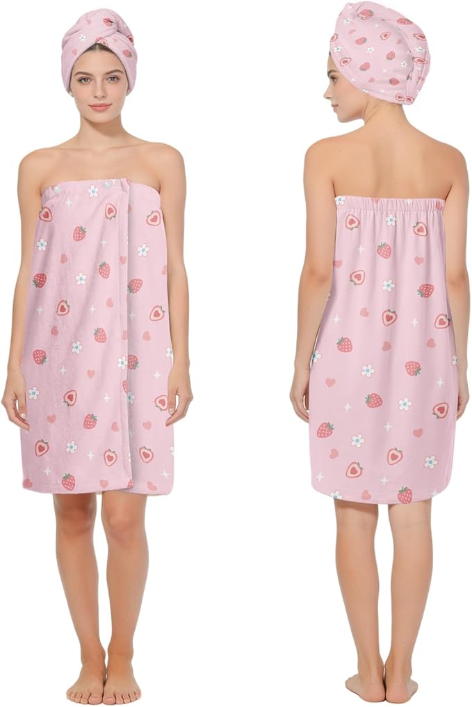 Absorbent Bath Towel Wrap Set for Women, Pink Strawberry Print Towel Wrap After Shower, Microfiber Shower Robe Body Towel Wraps for Women, Quick Dry Hair Towels Wraps for Spa Hotel Beach Girl