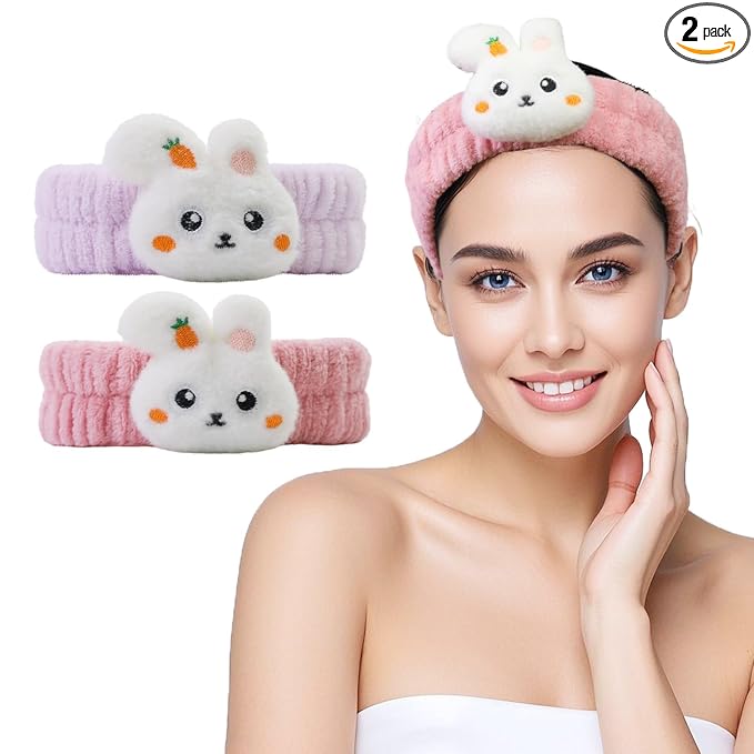Kawaii Spa Headbands for Women Girls - 2 Pack Cute Bunny Soft Fleece Facial Headbands for Makeup, Skincare and Face Washing, Dark Pink+Purple Rabbit