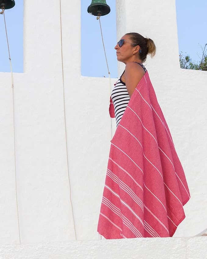 LeStoff Turkish Beach Towel 100% Organic Cotton Prewashed 38"x71" Soft Highly Absorbent Quick Drying Beach Pool Bath Yoga Gym Sauna Travel SPA Eco-Friendly Blanket Fouta Peshtemal - (Red)