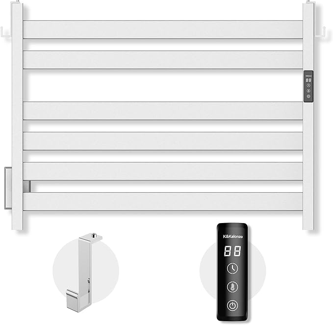 K&KALONZO Towel Warmer for Bathroom, Wall-Mounted 6-Bar Heated Towel Rack with Built-in Timer, Waterproof Electric Towel Heater, Support Plug-in and Hardwired, Brushed, EL18MN