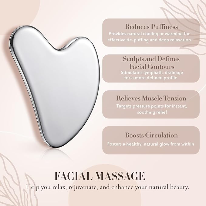 Nuanchu Stainless Steel Gua Sha Facial Tool, Metal Gua Sha for Lymphatic Drainage, Guasha Face Sculpting Double Chin Reduce with Pouch Mother Day Self Care Gift(Silver)