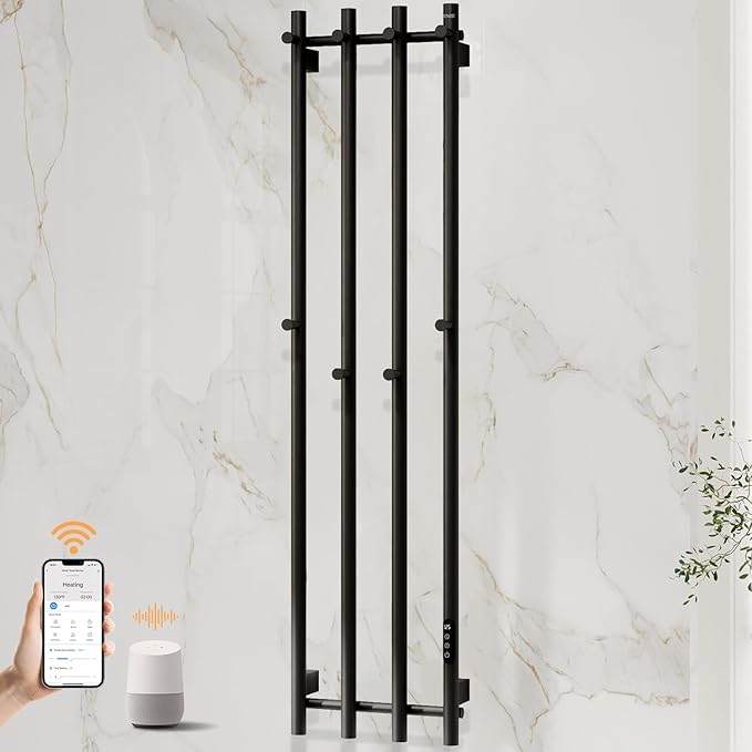 ENZE Smart Heated Towel Rack, Wall Mounted Electric Towel Warmer 300W for Bathroom, WiFi App Control & LED Touch Screen, Adjustable Temp & 24H Timer, Vertical Model, IPX5, Plug-in/Hardwired, Black
