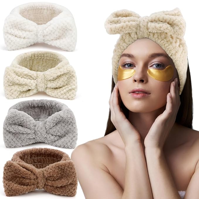 AHONEY 4 Pack Skin Care Facewash Headbands Women Girls Microfiber Spa Elastic Towel Facial Makeup Headbands for Washing Face (Bow)