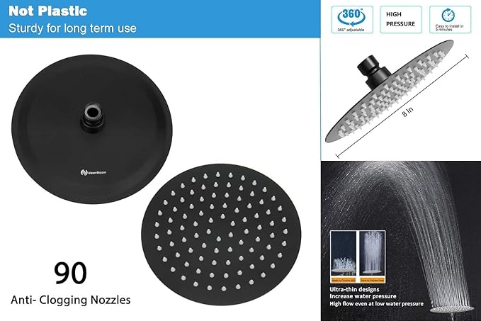 NearMoon Shower Head and 15 Stage Shower Filter Combo, High Pressure Filtered Shower for Hard Water, Improves the Condition of Your Skin, Hair (8 Inch, Black)