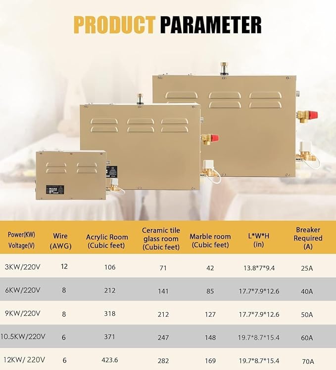 CGOLDENWALL 9KW Commercial Self-Draining Steam Generator Shower System Home Steam Bath Spa Generator 30 min to 12 Hours with Auto Drain 95-131℉ for Suitable Space Heating 9 m³/318 Cubic feet (9KW)