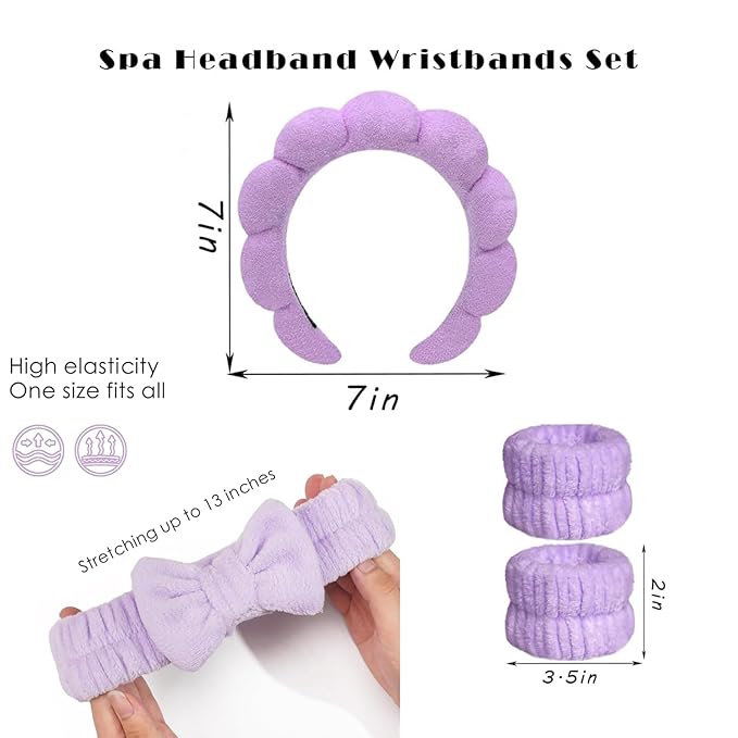 6 Pcs Elastic Microfiber Spa Headband Set for Women - Makeup, Skincare, Face Wash Wristbands, Beauty (Purple)
