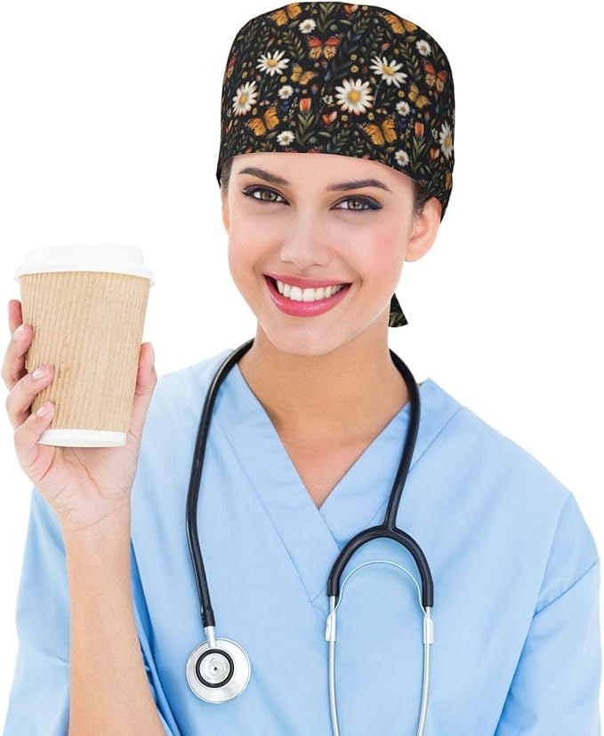 Scrub Cap for Women and Men Boho Black Leaf Pattern Adjustable Breathable Sweatband Hat for Work Kitchen Spa Shower Daily Use
