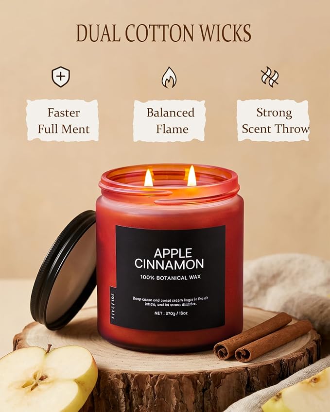 Apple Cinnamon Home Scented Candles, 13oz Organic Soy Wax, 76-Hour Clean Burning, Natural Candles Non Toxic, Spicy & Sweet Scent for Relaxation, Aromatherapy Housewarming Candle for Men Women