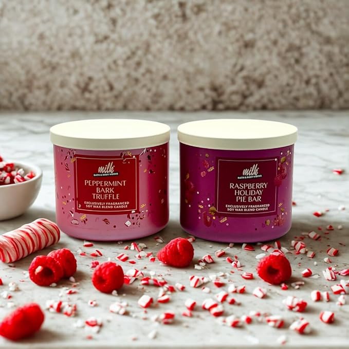 Bath & Body Works Milk BAR Collection Holiday Dessert Scents 3-Wick Scented Candle 2pc Gift Set with 40-inch Gold Metallic Ribbon Bow - 14.5 oz Each (Peppermint Bark Truffle & Raspberry Holiday Pie)