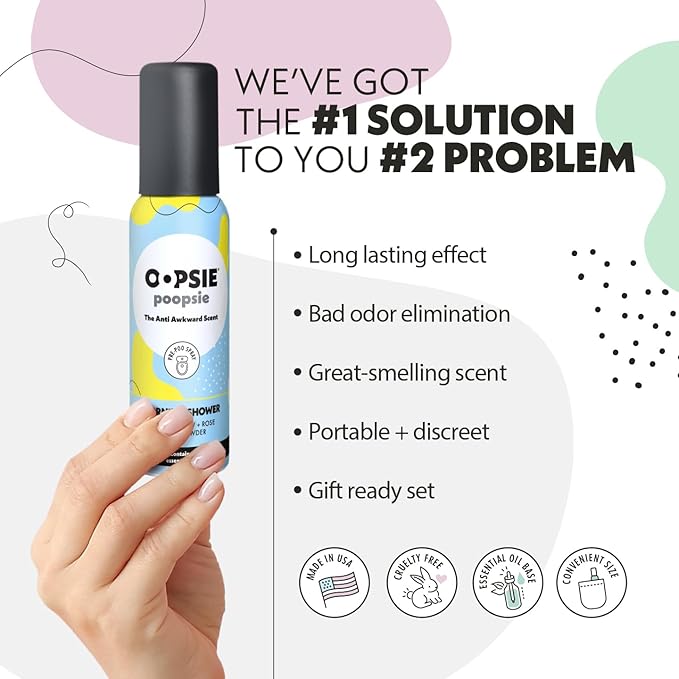 Oopsie Poopsie Toilet Spray, Travel Essentials, Each Up to 300 Uses, On-The-Go Bathroom Odor Deodorizer with Essential Oils, TSA Approved Size, Morning Shower 1 Pack, 2 Fl Oz