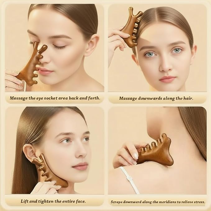 4-in-1 Natural Sandalwood Gua Sha Massage Tool - Head, Face, Eye Nose Massage & Jawline Sculpting - Full Body Lymphatic Drainage & Scalp Care - Self Care Essential for Home Office Travel