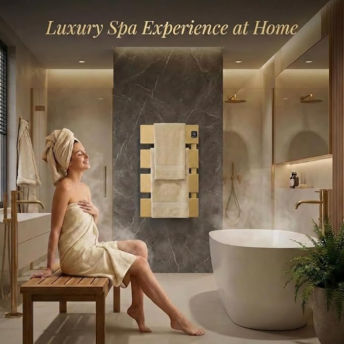 Electric Towel Warmer, Heated Towel Rack with Thermo Control and Timer, Fast Heating Towel Rail for Bathroom with Memroy Function, Work with Smart Plug, Right-Wiring, 4 Panel, Gold