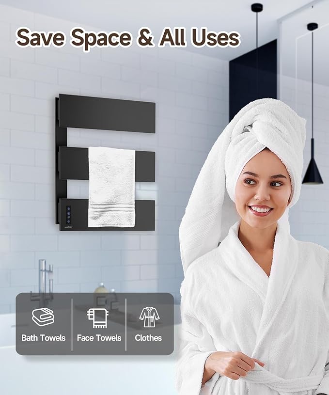 Heated Towel Racks For Bathroom, Large Towel Warmer Rack With 3 Bar, Smart LED Control, Built-in Timer & Temperature, 21.6" X 17.7", 100 - 140°F, Plug-in & Hardwired, Fast Heating, Elegant Matte Black