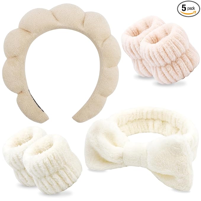 Chanaco Spa Headband, Khaki, Beige - Soft & Comfortable Microfiber Facial Headband for Women, Washing Face, Makeup, Skincare, Yoga, Shower, Party, Sleepover & Gifts - Set of 1 Headband & 4 Wristbands
