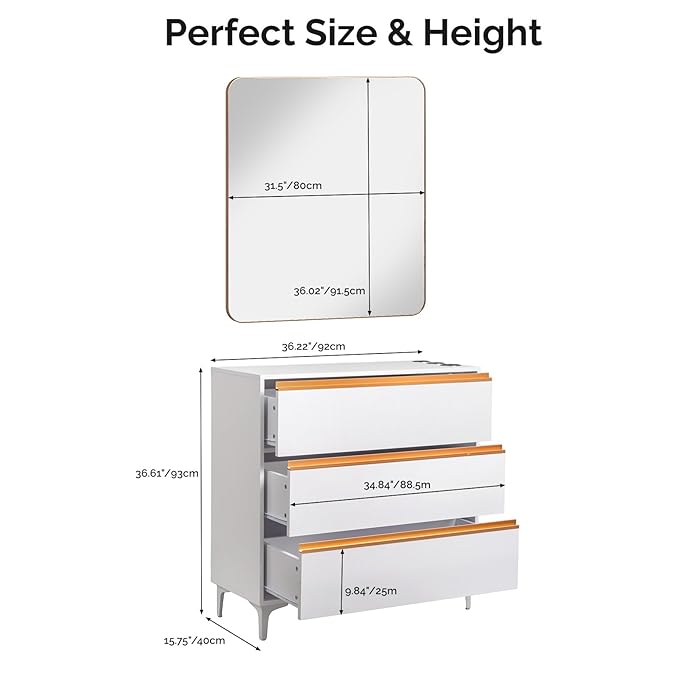 OmySalon Salon Station for Hair Stylists, Free Standing Barber Cabinet with 3 Drawers, Hair Dryer Holders & Square Mirror, Modern Beauty Vanity for Salon, Spa, White Gold