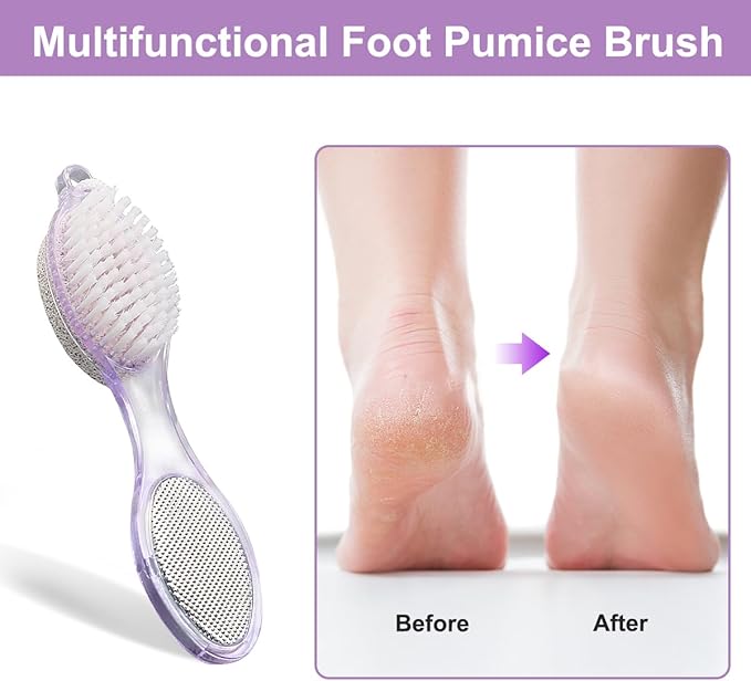 4-Pack 4 in 1 Pedicure Tool Callus Remover - Foot Scrubber with Pumice Stone, Cleaning Brush, Metal Rasp & Sandpaper for Dead Skin and Shower (Purple and Blue)