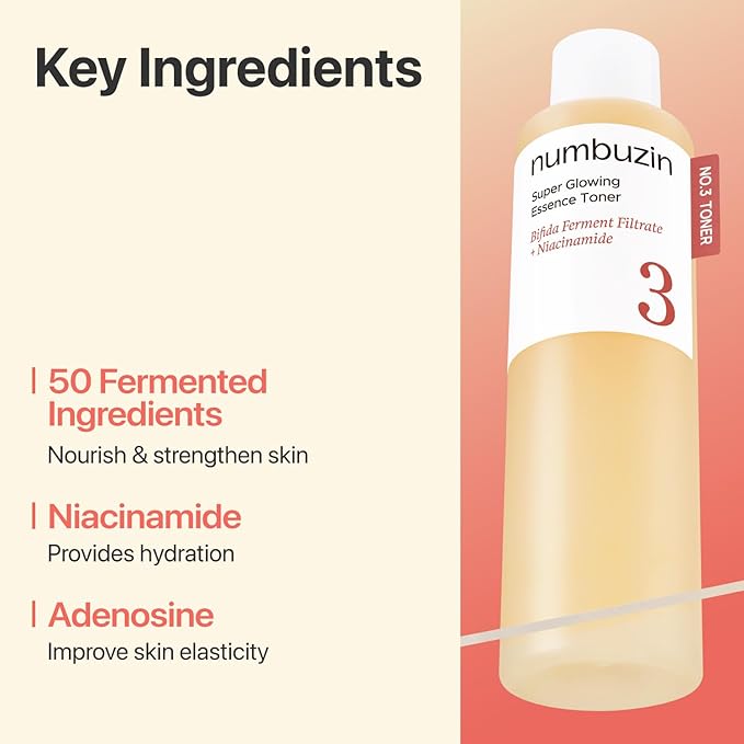 numbuzin No.3 Super Glowing Essence Toner, Jumbo Szie, Fermented Toner for Skin Glow & Texture, Bifida, Niacinamide, Hydrating, Radiance-Boosting Essence, Fragrance-Free, 10.14 fl oz (300ml)
