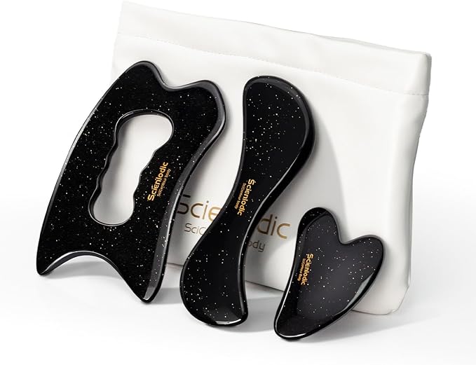 Scienlodic 3 Pcs Gua Sha Massage Tools for Face & Body (Black Gold, Resin) - Scraping Tools for Back, Legs & Muscle Relaxation, Guasha Facial Tool for Jawline Contouring & Puffiness Reduction