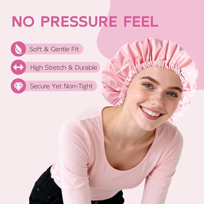 Years Calm Shower Cap for Women Waterproof Reusable – 27g Ultra Lightweight Double-Layer Shower Bonnet, Secure Fit for Long, Curly Hair, Travel & Spa (Pink)