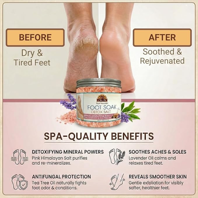 OKAY Foot Soak Detox Salt - Foot Soaking Salts for Dry Cracked Feet with Tea Tree Oil and Lavender Oil, Foot Bath, Pedicure Soak, Great for Men and Women, Athletes - 20 oz (Pack of 1)