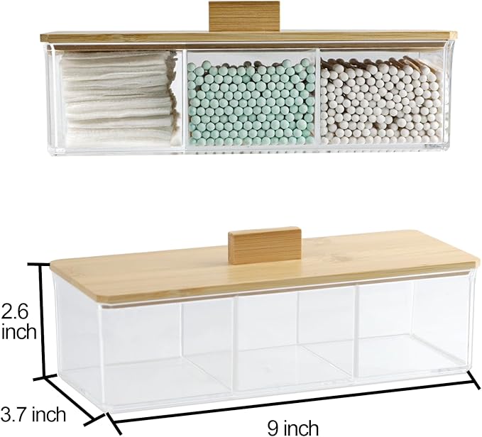 ZEXALOR Clear Bathroom Dresser Organizer - Cotton Ball Swab Holder with 3 Divided Compartments&Lid, Waterproof Transparent Small Plastic Storage Containers, Vanity Makeup Organization
