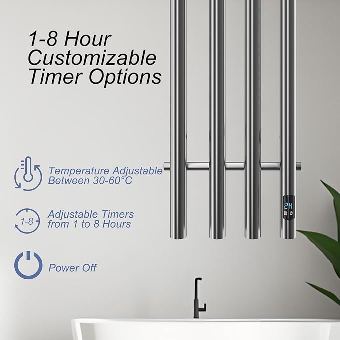 Electric Heated Towel Rack Warmer, Wall Mounted, Stainless Steel, 4 Bar Vertical Round Design, 5 Minute Rapid Heating, Timer Control, 10.1 x 37.4 Inches (Gold)