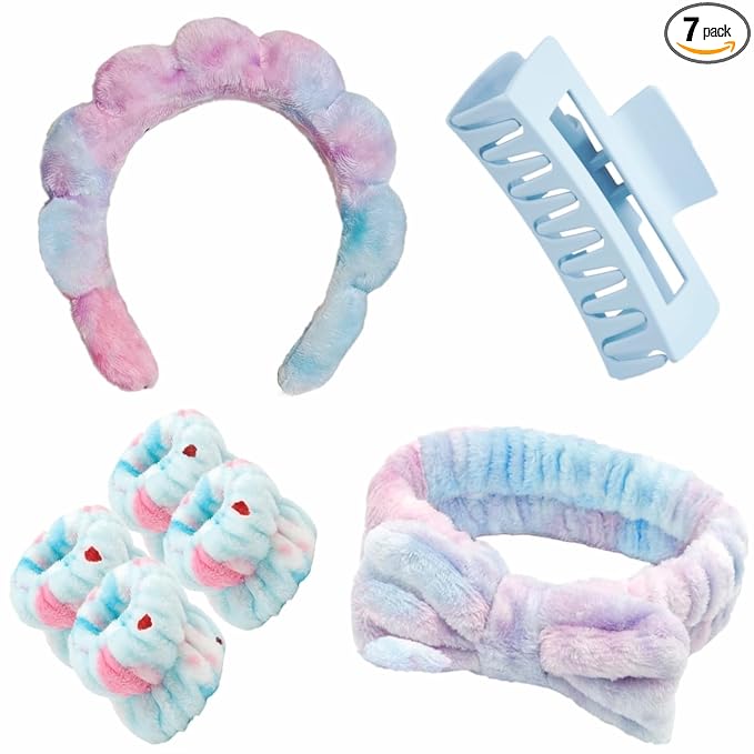 7 Pcs Spa Set, Facial Headband and Wristband Set, Skincare Accessories, College Style Girl Idea Gifts, Hair Accessories for Women and Girls （Tie Dye Blue）