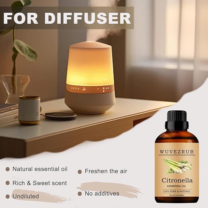 Citronella Essential Oil, 60ML Pure and Natural for Aromatherapy Diffuser - 2 Fl Oz
