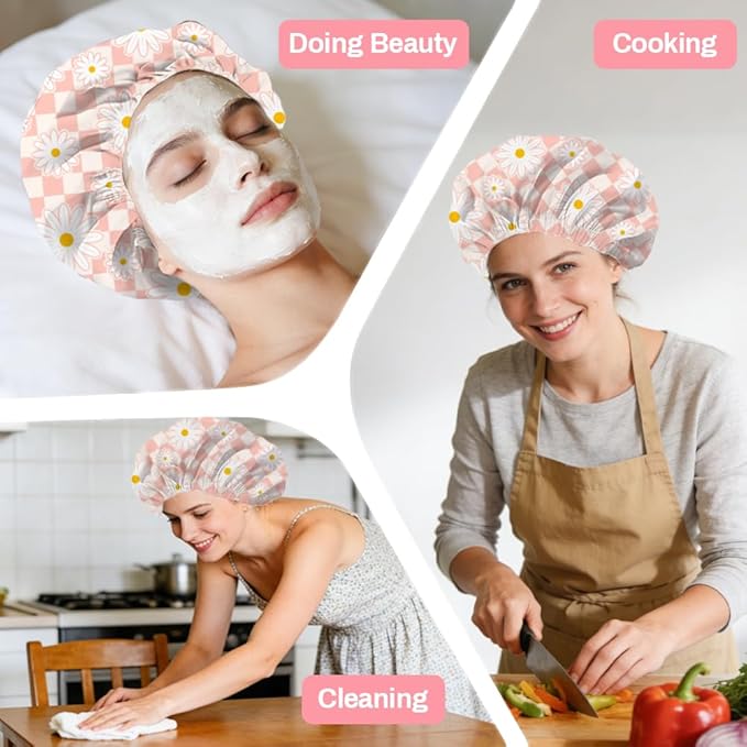 Pink Daisy Reusable Shower Cap Buffalo Check Double Layer Waterproof Shower Caps Large Elastic Hair Cover Adjustable Hair - Drying Caps for Woman Bath SPA Travel One Size Fits Most