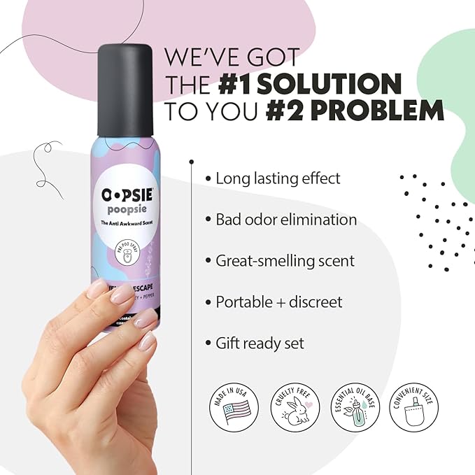 Oopsie Poopsie Toilet Spray, Travel Essentials, Each Up to 300 Uses, On-The-Go Bathroom Odor Deodorizer with Essential Oils, TSA Approved Size, Lavender Escape 1 Pack, 2 Fl Oz
