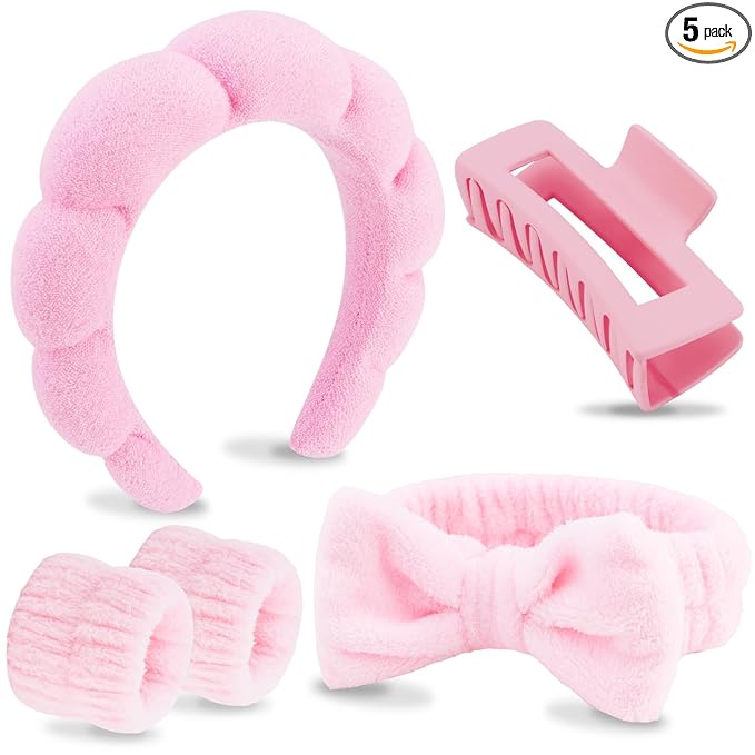 VELSCRUN Spa Headbands for Wash Face, Makeup Headband, Facial Skincare Headbands, 5 Pcs Pink Puffy Sponge Spa Headband Bow Tie Hair Band Hair Clips Wristband Set Women Girls Accessories