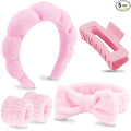 VELSCRUN Spa Headbands for Wash Face, Makeup Headband, Facial Skincare Headbands, 5 Pcs Pink Puffy Sponge Spa Headband Bow Tie Hair Band Hair Clips Wristband Set Women Girls Accessories