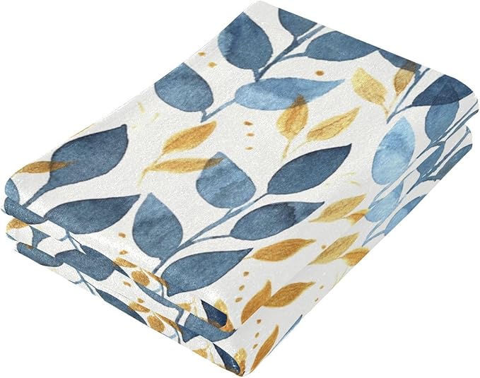 Blue and Gold Leave Branches Hand Towels for Bathroom Set of 2,Watercolor Navy Golden Leaf Decorative Bathroom Towels for Bath,Face,Hair,Soft Absorbent Dish Towels for Kitchen Decor 28"x14"