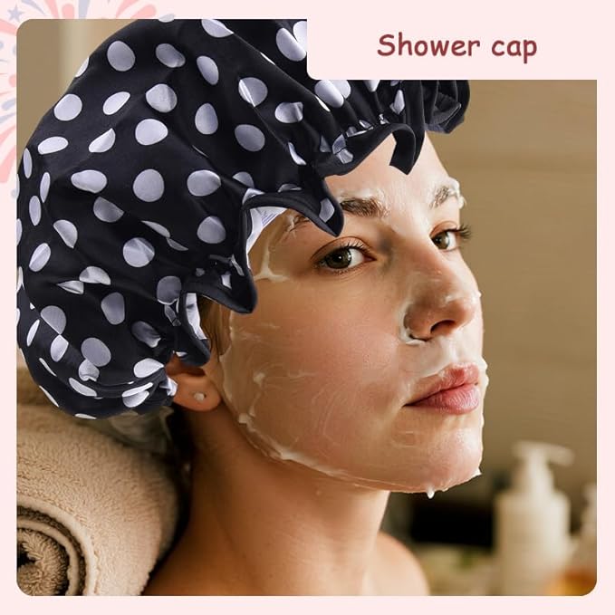 Polka Dot Shower Caps for Women Reusable Waterproof Satin Lined Bathing Caps for Braids Long Short Hair Cap for Shower Bath Large Polka Dots Foldable Travel Showering Cap for Women Men Vintage Fashion