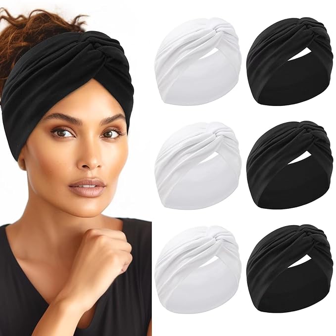 HAUHC Extra Wide Headbands for Women, 7'' Large Cotton Like Turban Knotted Bandana Head Bands for Women Non Slip, Boho Headbands for Women's Hair (3Pcs White + 3Pcs Black, Extra Large 7" Wide)