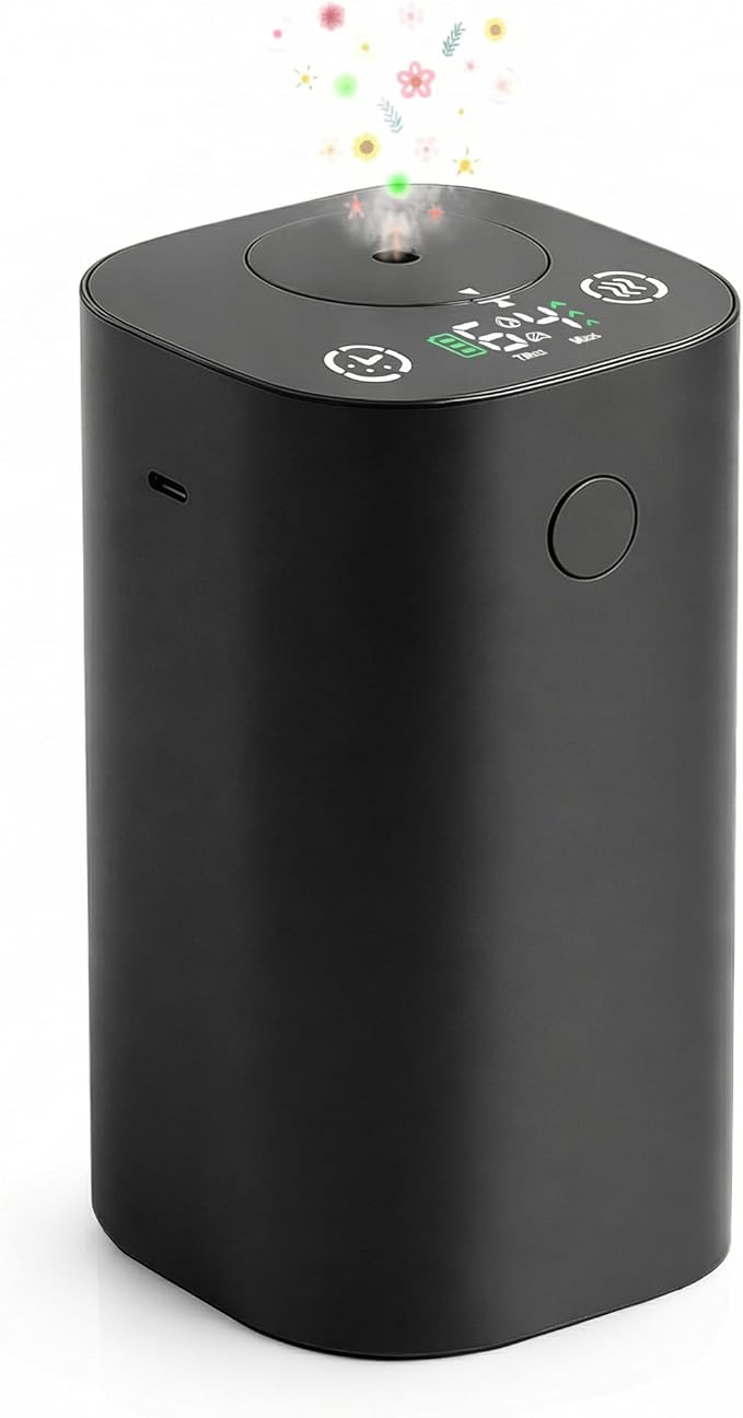 Waterless Essential Oil Diffuser, Rechargeable Cordless Scent Diffuser Machine, 20mL (0.7oz) Capacity, 4 Mist Levels & 4 Countdown Timers, Cup Holder Car Diffuser for Home Bedroom Office, Black
