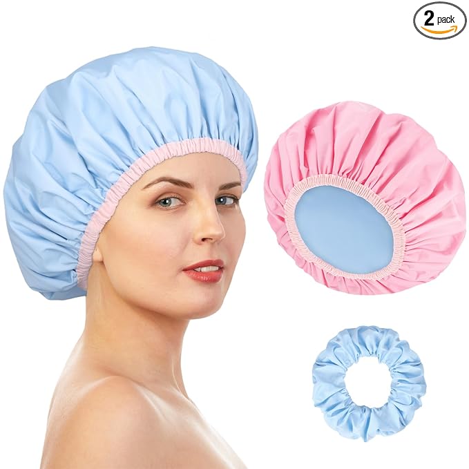 Pengxiaomei Double-Sided Shower Cap for Women, 2 in 1 Reusable Waterproof Bath Cap for Women Girls Long Thick Hair