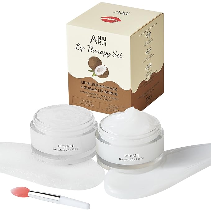 ANAI RUI Coconut Lip Scrub & Lip Mask Set with Shea Butter, Lip Scrubber Exfoliator Enriched with Vitamin E, Sugar Scrub for Dry Lips, Hydrating Lip Mask, Mothers Day Gifts For Women