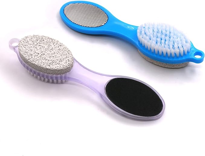 4-Pack 4 in 1 Pedicure Tool Callus Remover - Foot Scrubber with Pumice Stone, Cleaning Brush, Metal Rasp & Sandpaper for Dead Skin and Shower (Purple and Blue)