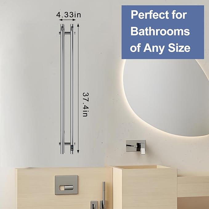 Heated Towel Rack, Towel Warmer with Timer, Wall Mounted hot Towel Warmer Rack for Bathroom, Hardwired or Plug-in Models Vertical Towel Heater, 2 Vertical Rack Round Design (Silver)