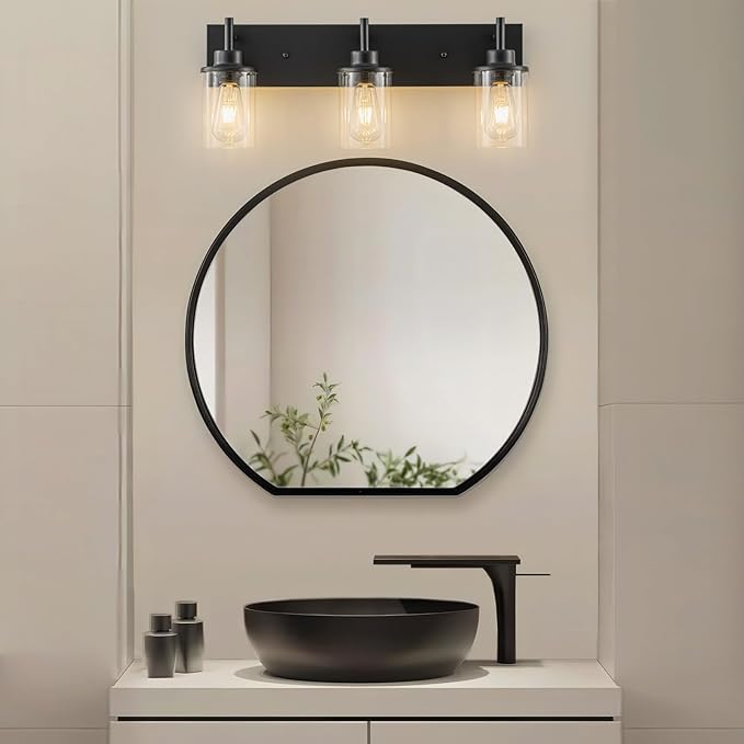 GoYeel Vanity Lighting Fixtures, Matte Black Bathroom Light Fixtures 3-Light Black Wall Sconce with Clear Glass Lampshade for Bedroom Hallway Living Room Kitchen