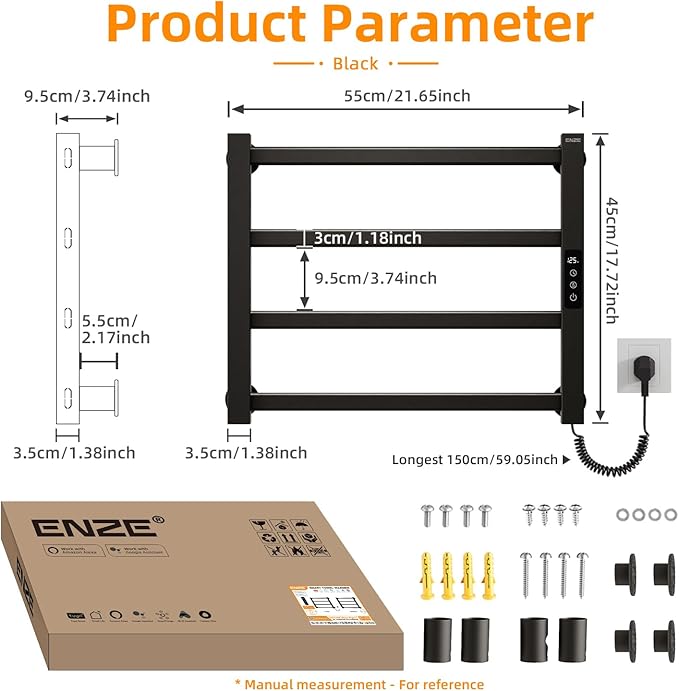 ENZE Smart Heated Towel Rack, 4-Bar Wall-Mounted Electric Towel Warmer 115W, Wi-Fi App Control & LED Touch Screen, Adjustable Temperature & 24H Timer, IPX5, Plug-in/Hardwired, Matte Black
