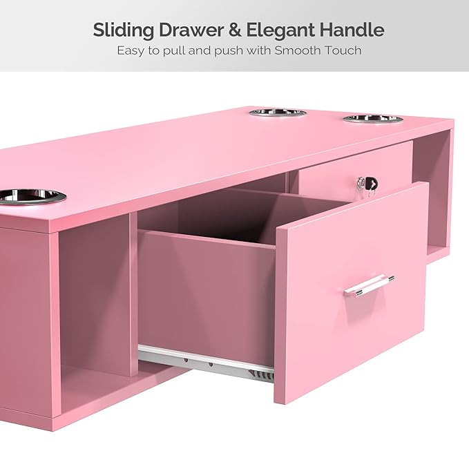 OmySalon Locking Wall Mount Styling Station, Beauty Barber Spa Equipment, Salon Cabinet Station for Hair Stylist,Bathroom Dresser with 5 Hair Dryer Holders,Pink