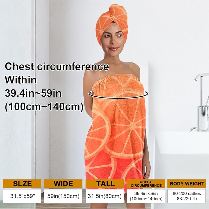 Women’s Citrus Towel Wrap and Hair Turban Set – Orange Fruit Bath Wrap Skirt with Quick Dry Hair Cap – Microfiber Spa Wrap for Girls, Women, Dorm, Travel, Gifts (Citrus 1)