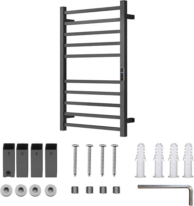 Heated Towel Racks for Bathroom, Wall Mounted Electric Towel Warmer Racks with Timer & Temperature Control, 10 Bar Stainless Steel Towel Heater for Bathroom, Matte Black, Plug-in