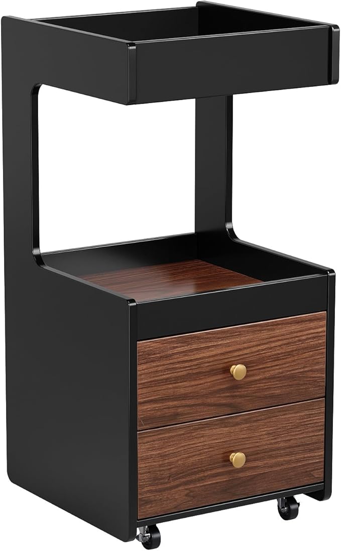Salon Trolley Cart, Esthetician Cart with 2 Drawer & 2 Trays, 2 Lockable Wheels Hair Styling Station, Tool Organizer Storage Cabinet for Beauty Spa Barbershop, Black Walnut
